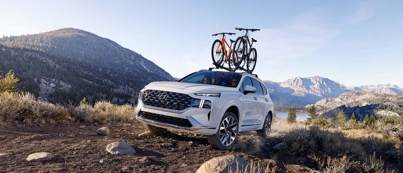 2022 Hyundai Santa Fe with mountain landscape in the background.