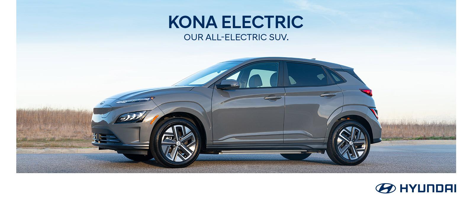 2022 grey Hyundai Kona Electric Vehicle parked at a roadside.