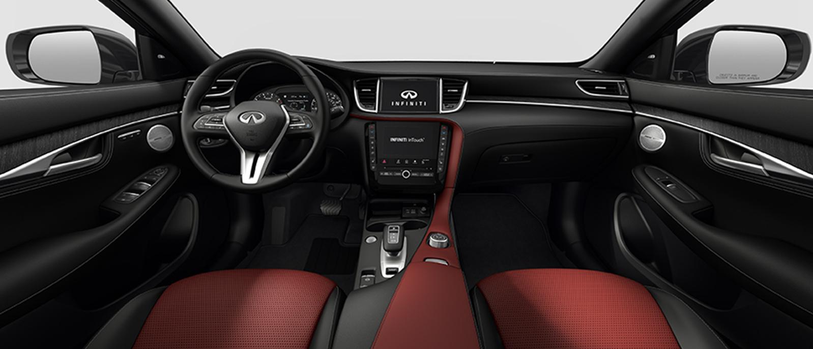 INFINITI QX55 Sensory trim interior in Monaco Red color scheme.