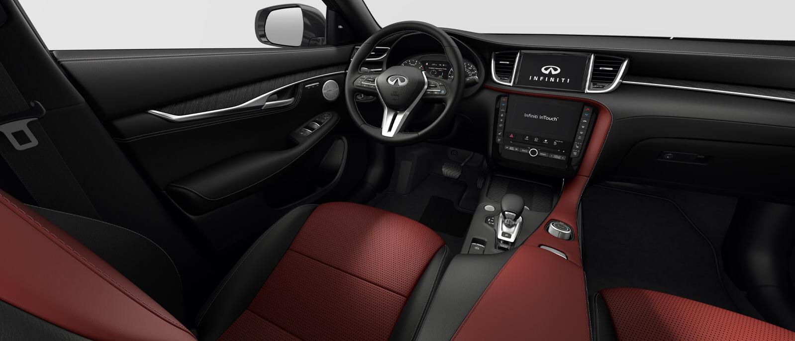 INFINITI QX55 Sensory trim interior in Monaco Red color scheme.