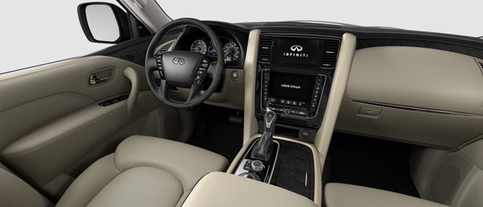 INFINITI QX80 Luxe trim interior in Wheat color scheme.