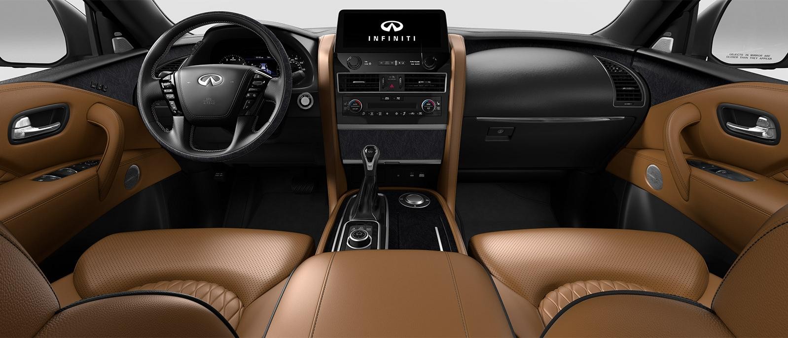 INFINITI QX80 Sensory trim interior in Saddle Brown color scheme.