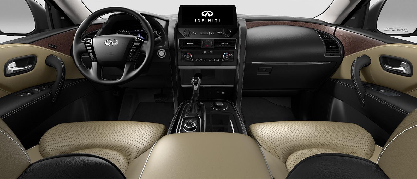 INFINITI QX80 Premium Select trim interior in Sahara Stone color scheme.