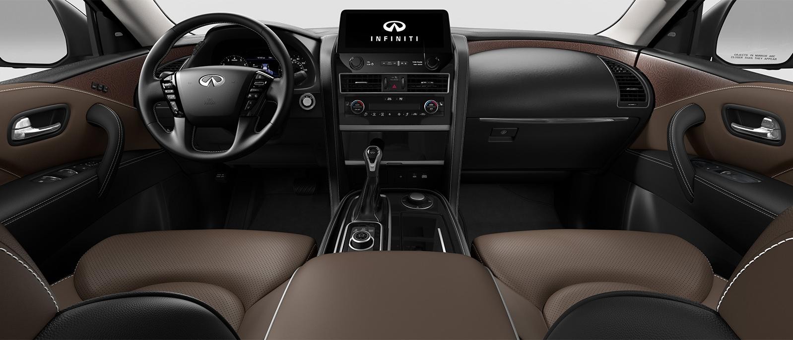 INFINITI QX80 Premium Select trim interior in Truffle Brown color scheme.