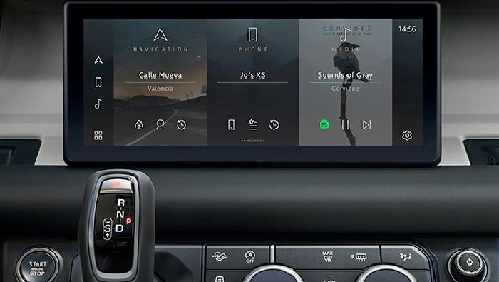 Close-up of a Land Rover Defender's touchscreen display.