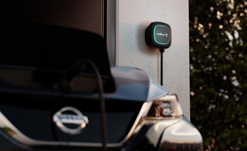 Nissan EV connected and charging with a Wallbox charger.