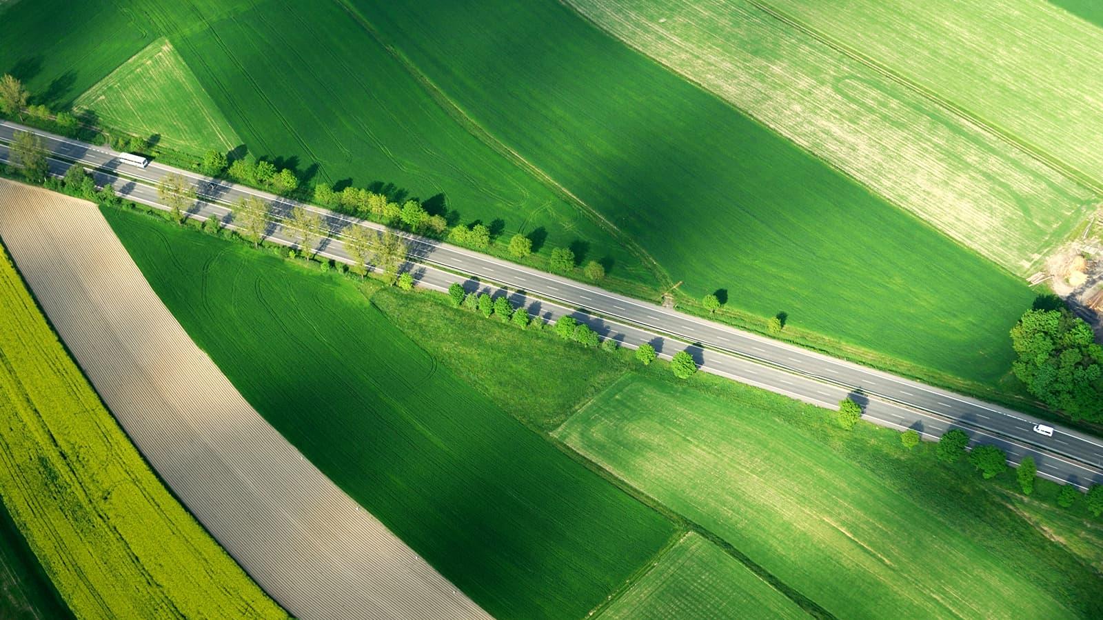 Aerial view of a rural road