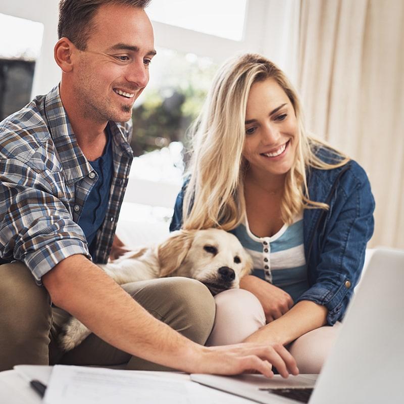Smiling couple using a laptop computer with their dog