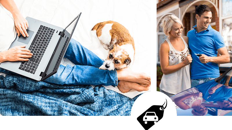 Man with his dog using a laptop and a young couple with the keys to their new car