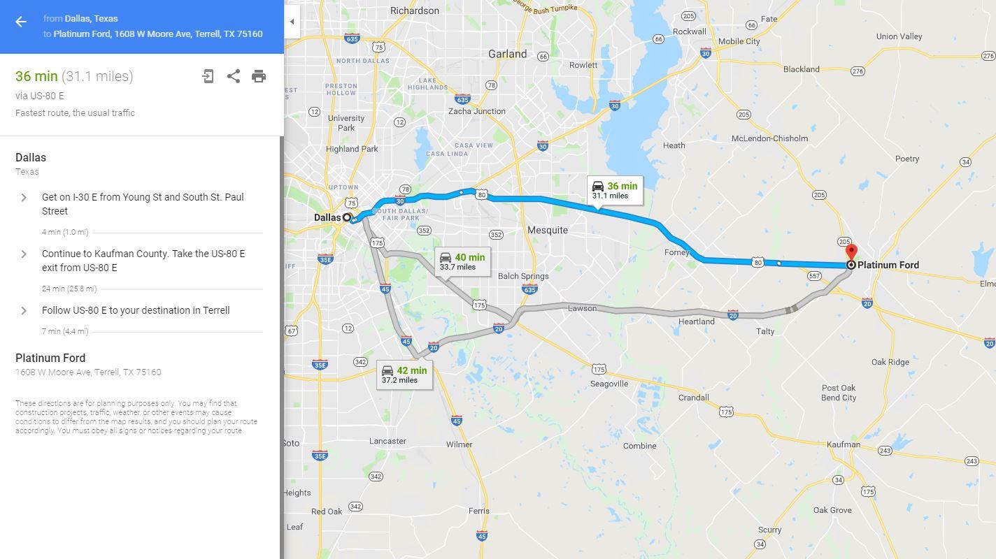 Map and directions to Ford Dealer outside Dallas