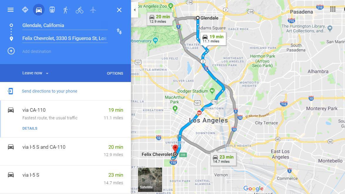 map Glendale to felix car dealership 