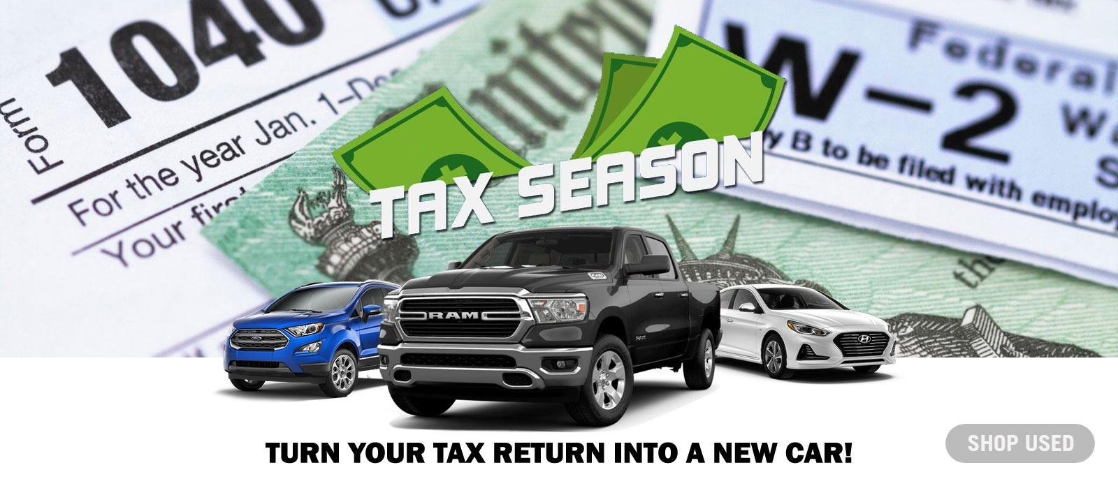 TAX SEASON - USED VEHICLES WITH TAX FORM BACKGROUND
