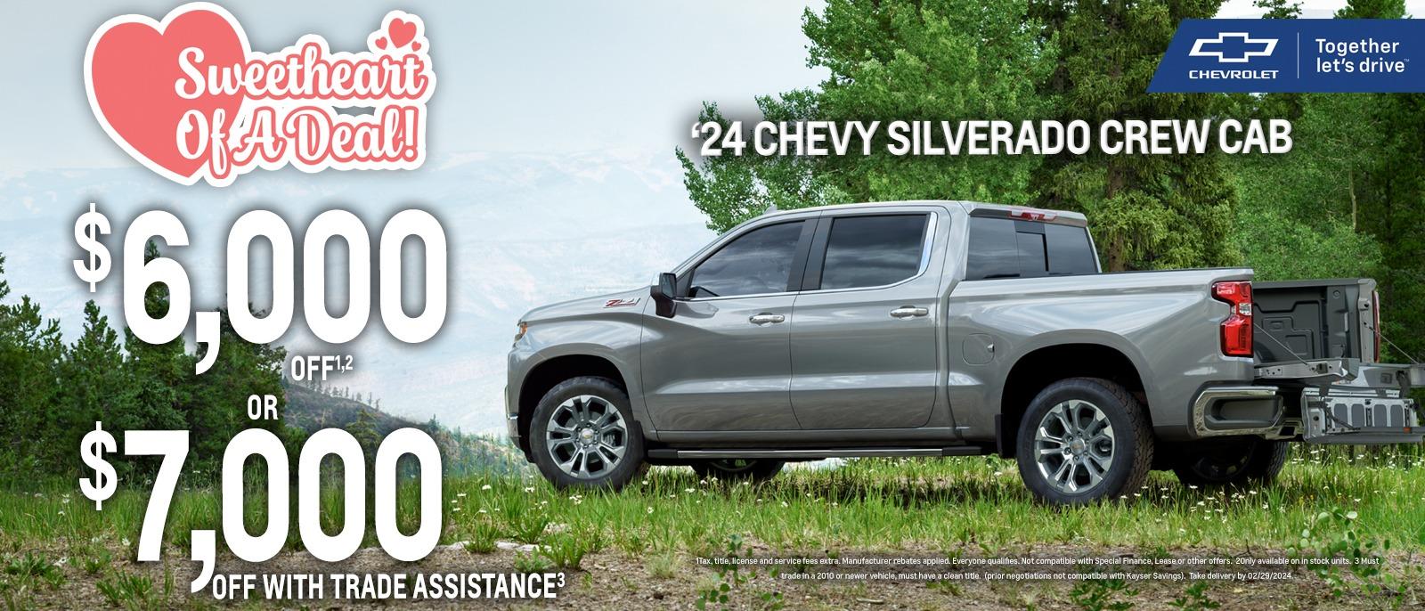 2024 Chevrolet Silverado Crew Cab
$750 customer cash & $1,750 Bonus Cash & $3,000 Kayser Savings