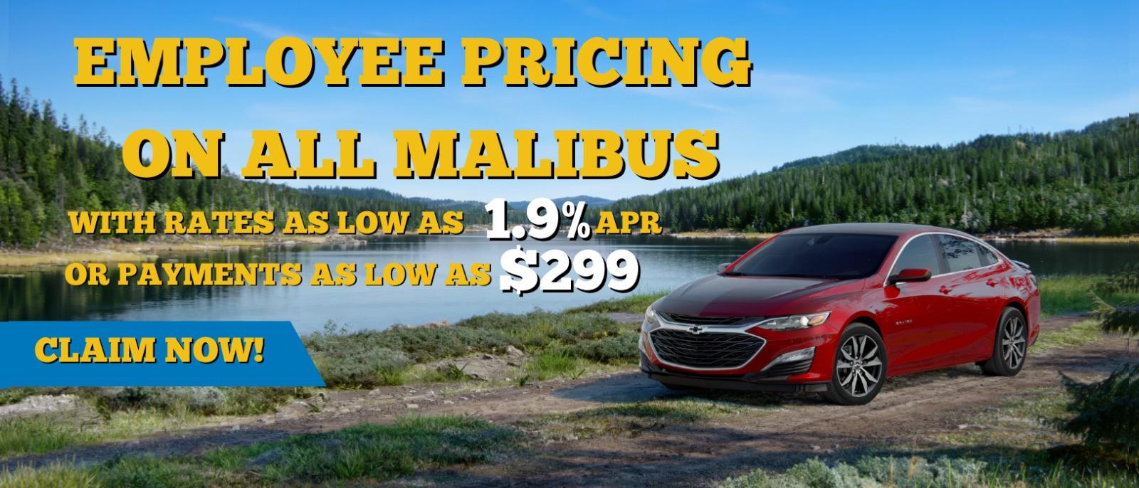 Employee pricing on allmalibus 
with rates as low as 1.9% apr or payments as low as $299