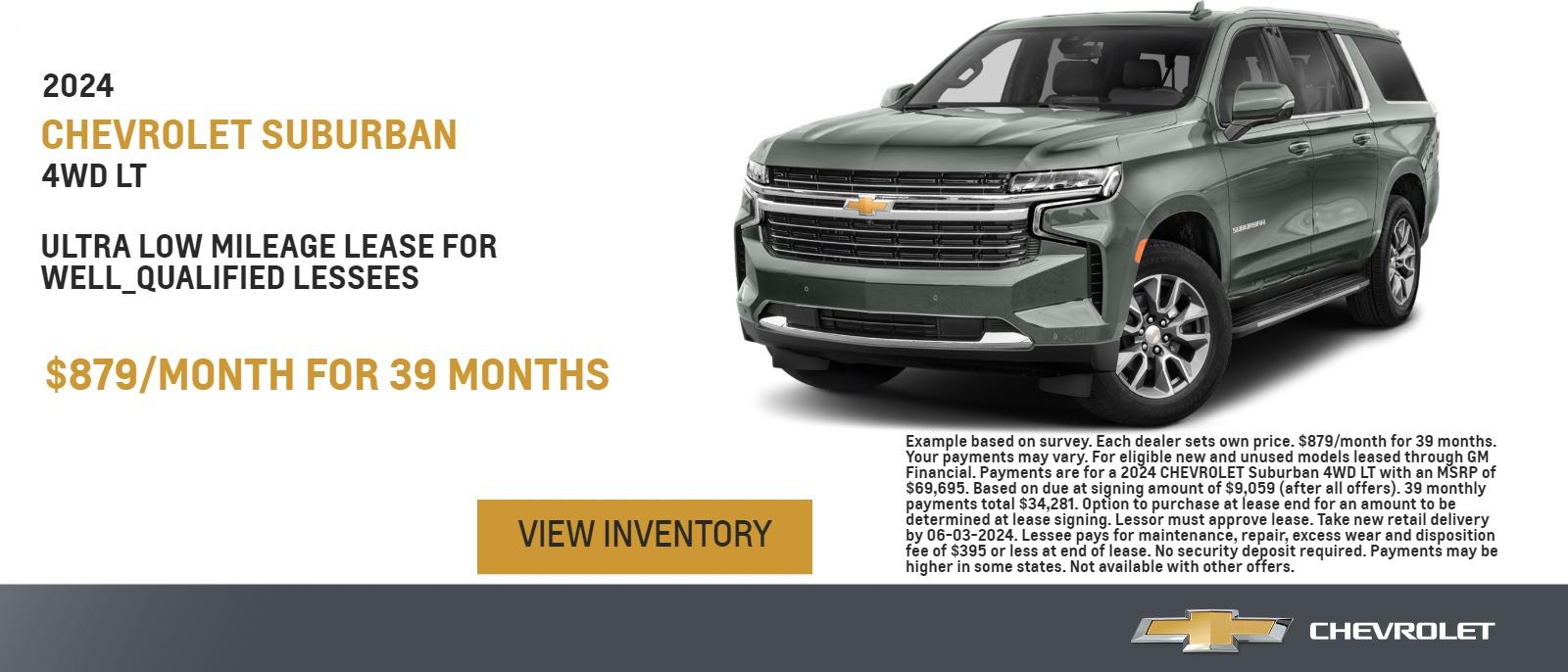 Chevrolet National Lease Offer
Ultra Low-Mileage Lease for Well-Qualified Lessees.
$879/month for 39 months.