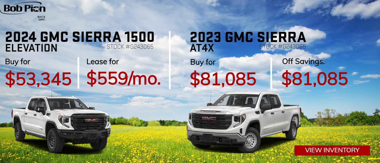 Lease for $559/mo Save $2257 OFF MSRP ($3559 D.A.S, Not all will qualify, Must have A+ Tier Credit, Lease Loyalty Rebate, $0 Acquisition Fee)
Buy for: $53,345 $4,000 OFF MSRP!

 G233066 2023 GMC Sierra AT4X: Buy for $81,085! $10,000 OFF MSRP!
