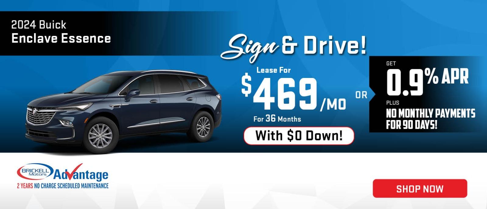 Sign & Drive
Lease for $469 per month for 36 months with $0 down
Or Get 0.9% APR Plus No Monthly Payments for 90 Days!