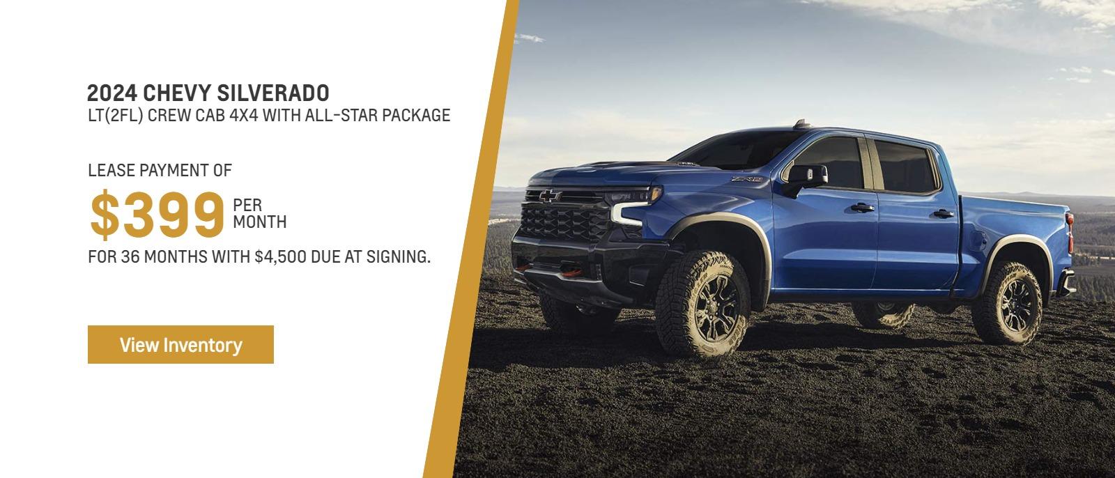 2024 Chevy Silverado LT(2FL) 
Crew Cab 4x4 with all-star package
Lease payment of $399 for 36 months with $4500 due at signing.