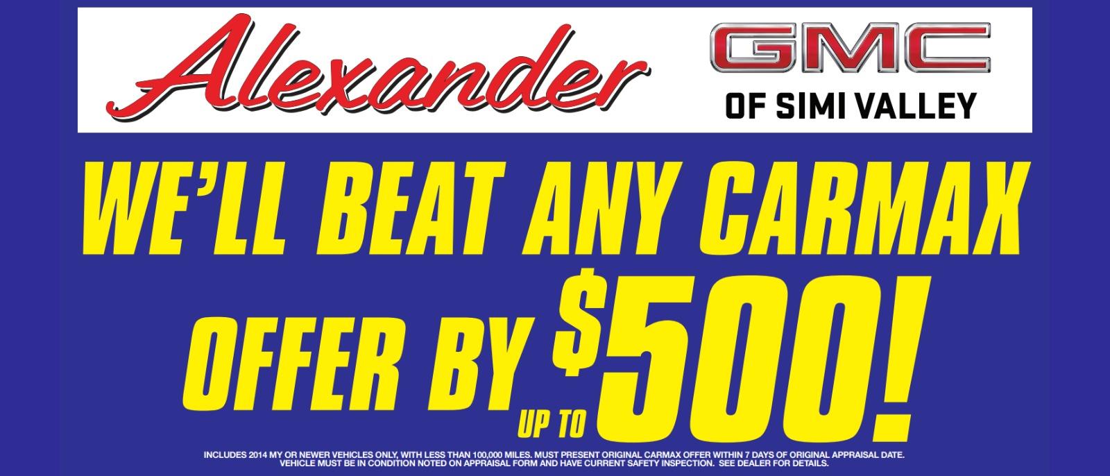 WE'LL BEAT CARMAX OFFERS BY $500. MUST PRESENT ORIGINAL CARMAX OFFER WITHIN 7 DAYS OF ORIGINAL APPRAISAL DATE. VEHICLE MUST BE IN CONDITION NOTED ON APPRAISAL FORM AND HAVE CURRENT SAFETY INSPECTION. SEE DEALER FOR DETAILS.