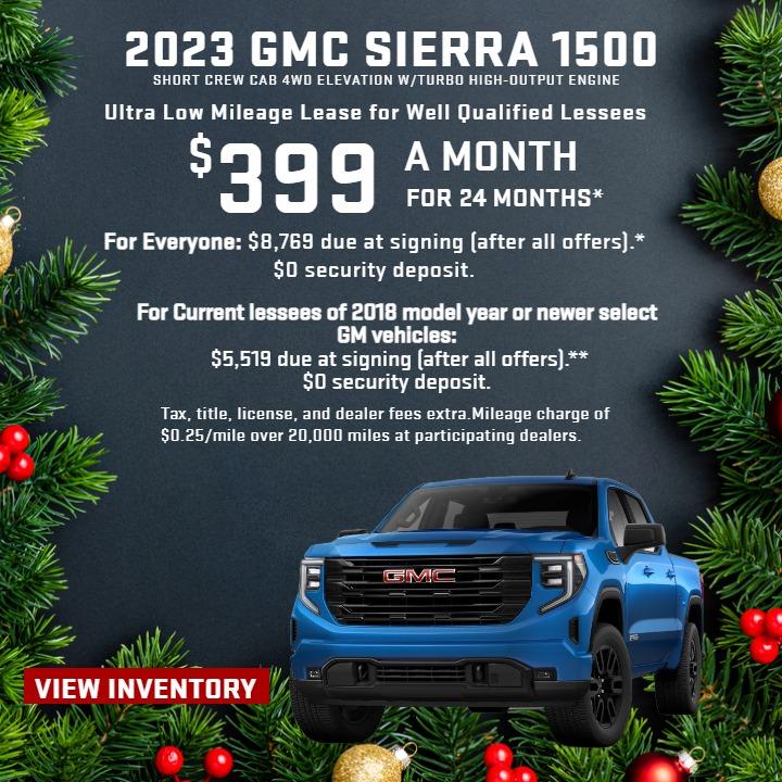 2023 GMC SIERRA 1500 SHORT CREW CAB 4WD ELEVATION W/TURBO HIGH-OUTPUT ENGINE
Ultra Low-Mileage Lease for Well-Qualified Lessees.
$399/MONTH for 24 months.

For Everyone: $8,769 due at signing (after all offers).*
$0 security deposit.

 For Current Lessees of 2018 model year or newer select GM vehicles :
$5,519 due at signing (after all offers).**
$0 security deposit.

Tax, title, license, and dealer fees extra.
Mileage charge of $0.25/mile over 20,000 miles at participating dealers.