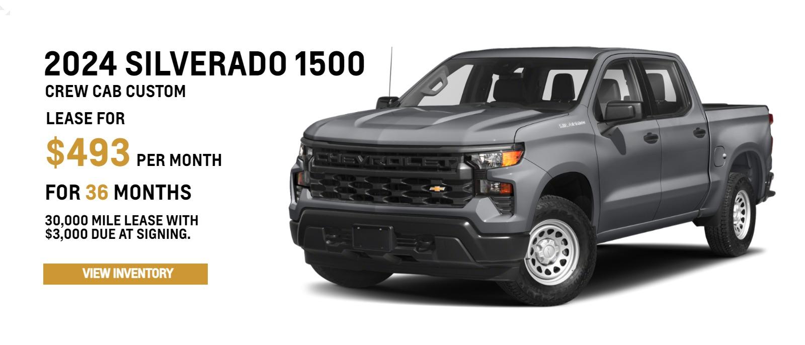 New 2024 Silverado 1500 crew cab Custom lease for $493/month. This is a 36 month, 30,000 mile lease with $3000 due at signing.