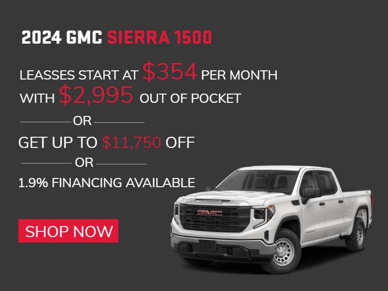 2024 GMC SIERRA 1500
LEASSES START AT $354 PER MONTH WITH $2995 OUT OF POCKET ***
GET UP TO $11750 OFF *
1.9% FINANCING AVAILABLE**