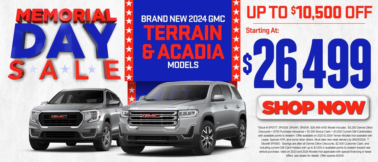 Up to $10,500 off 2024 Terrain* and Acadias** AWD Models Starting at $26,499