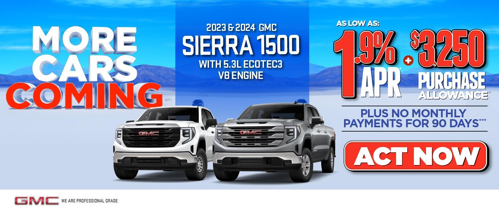 New 2023 & 2024 Sierra 1500 with 5.3L Ecotec3 V8 Engine - As low as 1.9% APR, plus no monthly payments for 90 days. Act Now.
