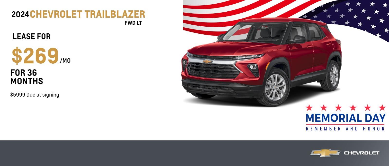 2024 Chevrolet Trailblazer FWD LT
$269 Month Lease | 36 Months | $5999 Due at signing