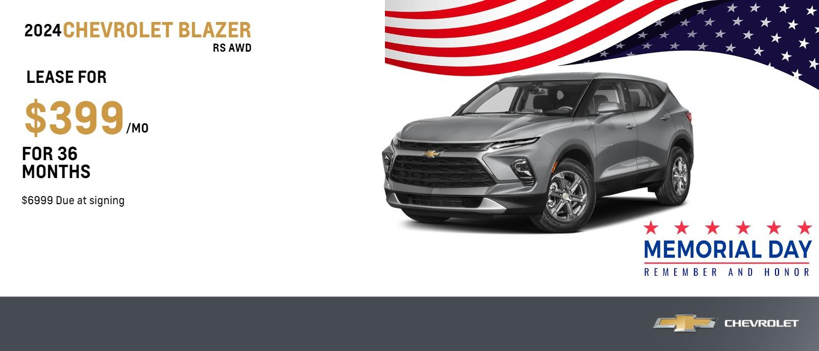 2024 Chevrolet Blazer RS AWD

$399 Month Lease | 36 Months | $6999 Due at signing