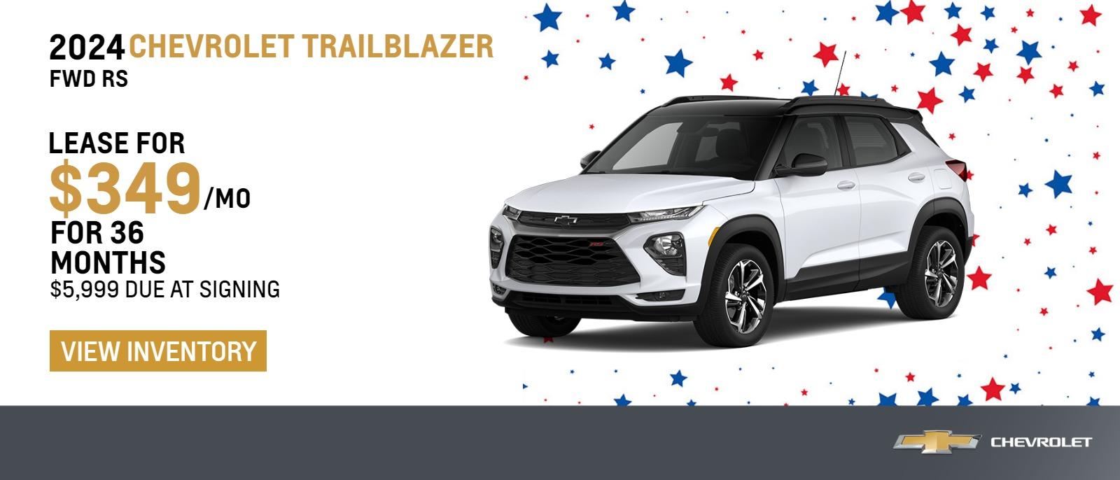 2024 Chevrolet Trailblazer FWD RS
$349 Month Lease | 36 Months | $5999 Due at signing