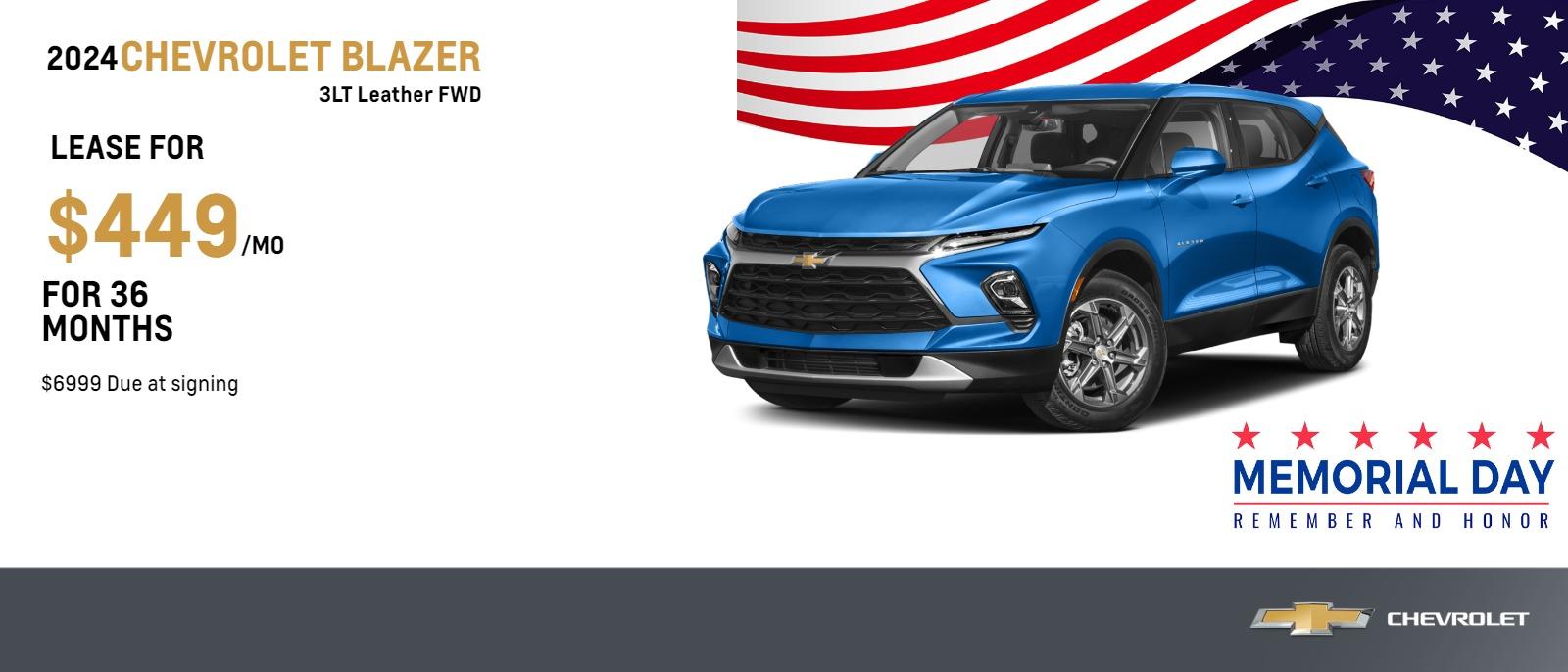 2024 Chevrolet Blazer 3LT Leather FWD
$449 Month Lease | 36 Months | $6999 Due at signing