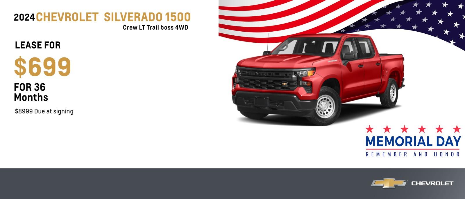 2024 Chevrolet Silverado 1500 Crew LT Trail boss 4WD
$699 Month Lease | 36 Months | $8999 Due at signing