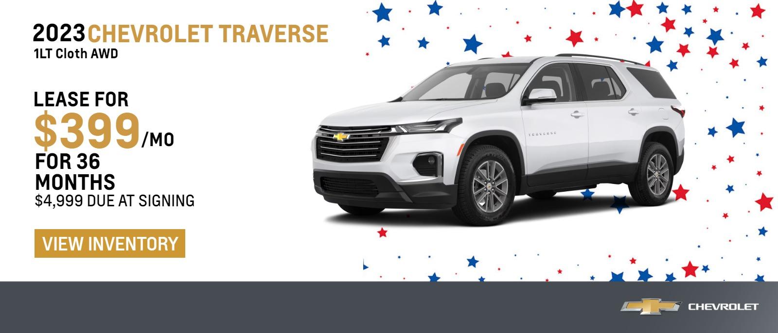 2023 Chevrolet Traverse 1LT Cloth AWD
$399 Month Lease | 36 Months | $4999 Due at signing