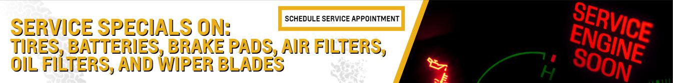 SCHEDULE SERVICE APPOINTMENT FOR BRAKES, TIRES, WIPER BLADES, BATTERY, OIL FILTER, AND AIR FILTER.