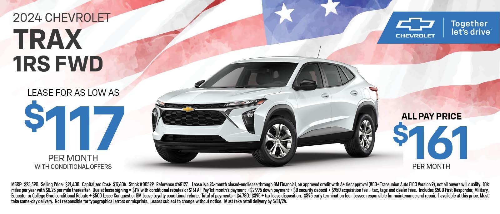 2024 CHEVROLET TRAX 1RS FWD LEASE FOR AS LOW AS $117 PER MONTH WITH CONDITIONAL OFFERS