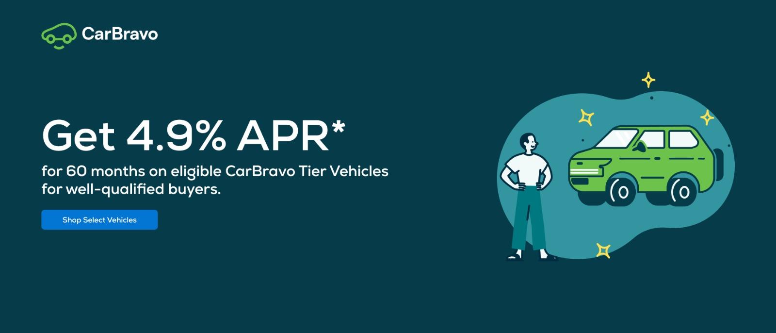 Get 4.9% APR* for 60 months on eligible Carbravo Tier Vehicles for well-qualified buyers