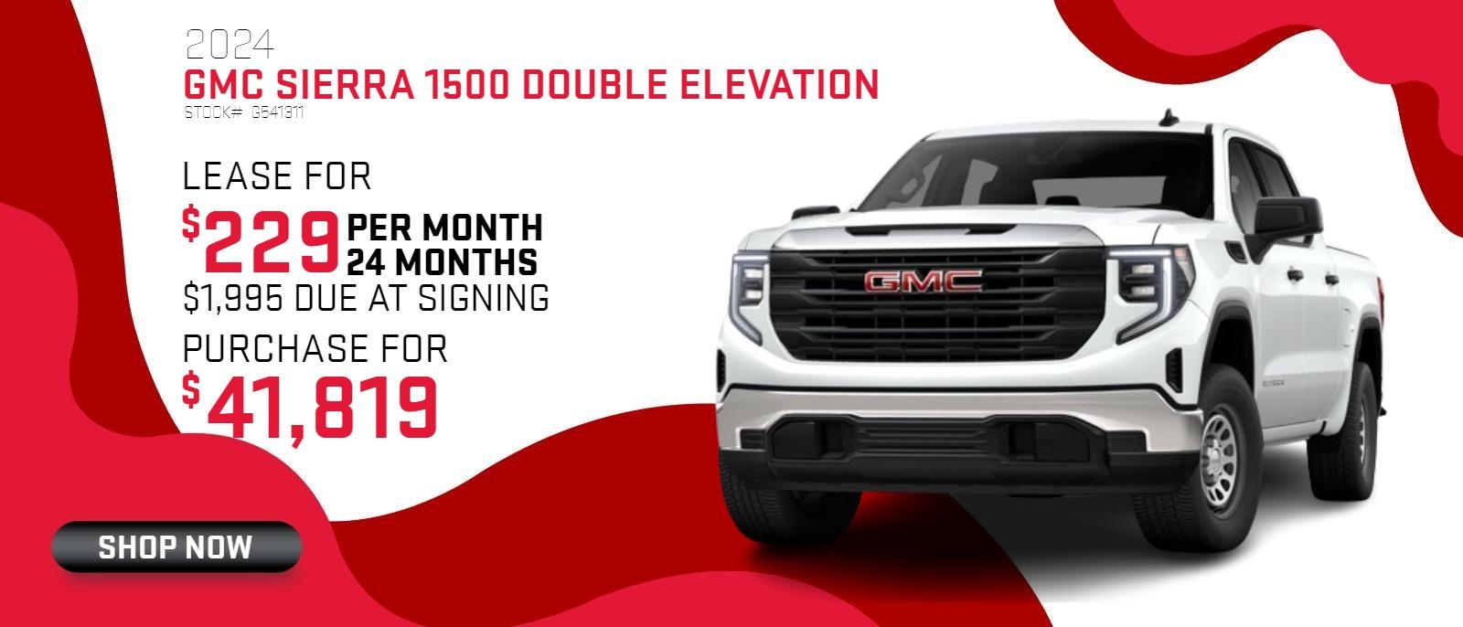2024 Sierra 1500 Dbl Elevation
Stock# G541311
Lease for $229 per month, 24 months, $1995 down
Purchase for $41,819