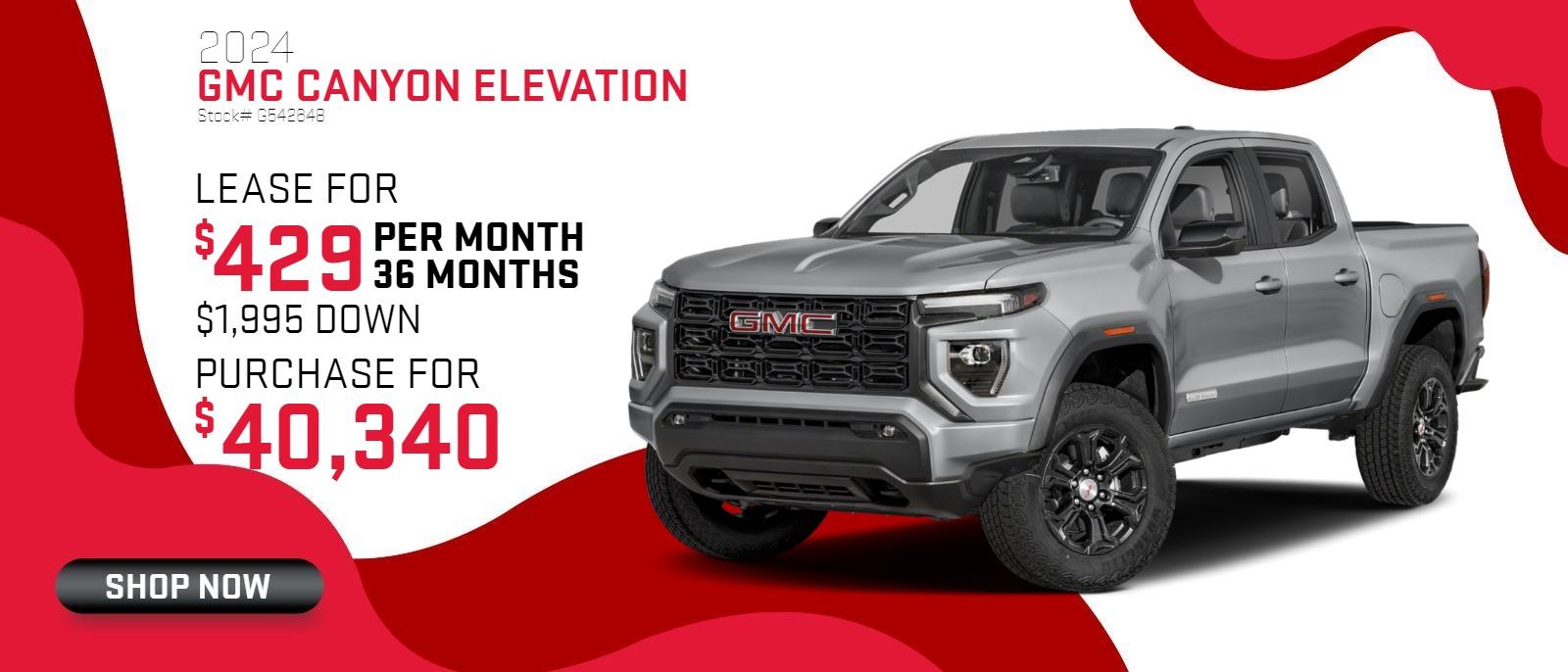 2024 Canyon Elevation
Stock# G542648
Lease for $429 per month, 36 months, $1995 down
Purchase for $40,340