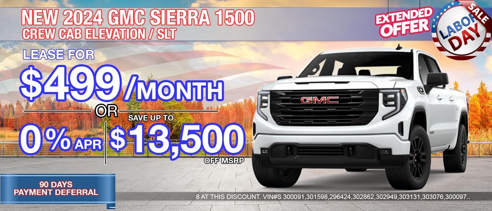 2024 SIERRA 1500 CREW CAB SLT / ELVATION.  SAVE UP TO $13,500 OFF MSRP.