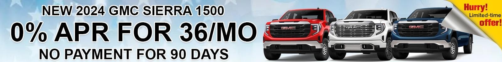 Lease a New 2024 GMC Sierra 1500. 90 Day Payment Deferral For Well-Qualified Buyers When Financed w/ GM Financial. 0% APR FOR 36MO. TAKE RETAIL DELIVERY BY 09/30/2024.