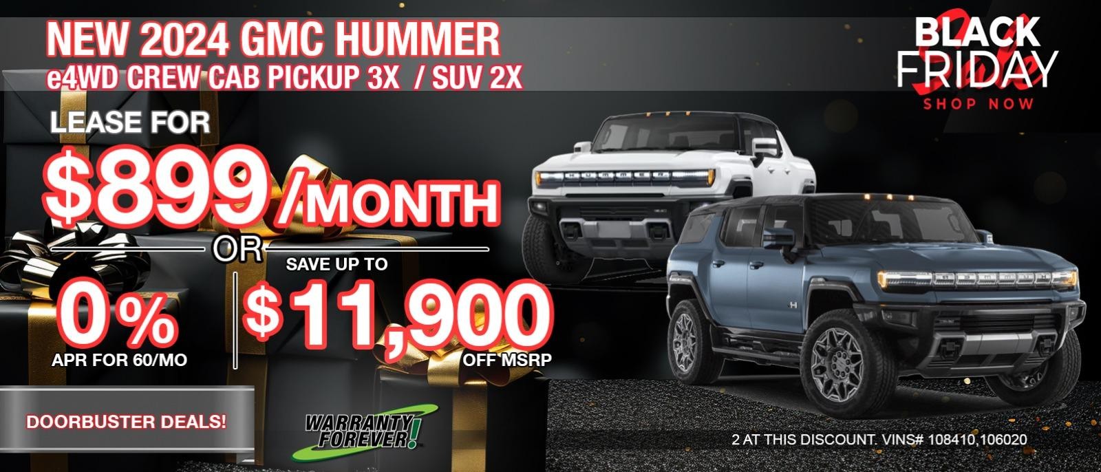 2024 GMC Hummer EV Pickup 3X / EV SUV 2X. Save up to $11,900 off MSRP.  Lease for only $899/mo. BIG SAVINGS on All In-stock Hummer EV's.