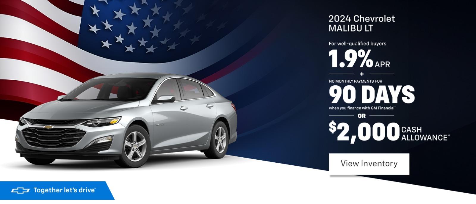 2024 Chevrolet MALIBU LT For well-qualified buyers 1.9% APR NO MONTHLY PAYMENTS FOR 90 DAYS when you finance with GM Financial OR $2,000 CASH ALLOWANCE*