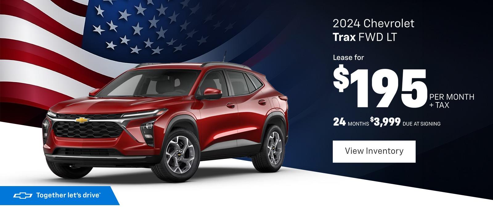 2024 Chevrolet Trax FWD LT
Lease for $195 Per Month + Tax 24 months $3,999 Due at signing