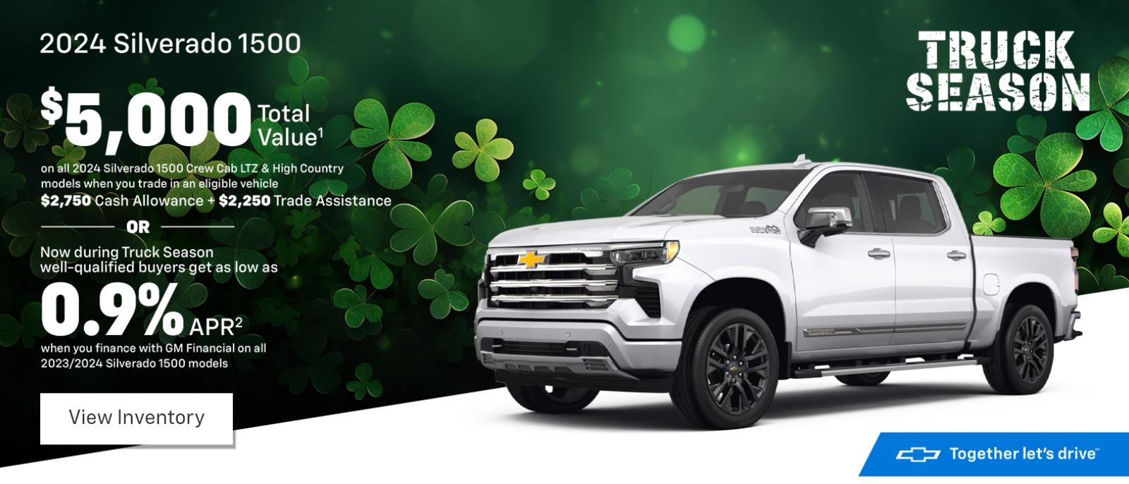 $5,000 Total Value¹ on all 2024 Silverado 1500 Crew Cab LTZ & High Country models when you trade in an eligible vehicle $2,750 Cash Allowance + $2,250 Trade Assistance OR Now during Truck Season well-qualified buyers get as low as 0.9% APR² when you finance with GM Financial on all 2023/2024 Silverado 1500 models