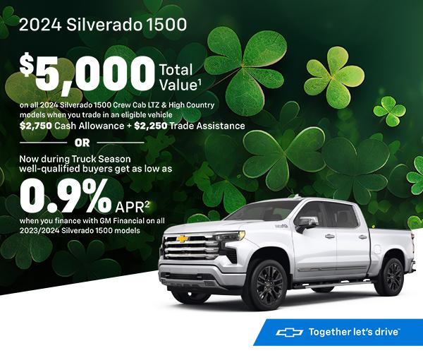 $5,000 Total Value¹ on all 2024 Silverado 1500 Crew Cab LTZ & High Country models when you trade in an eligible vehicle $2,750 Cash Allowance + $2,250 Trade Assistance OR Now during Truck Season well-qualified buyers get as low as 0.9% APR² when you finance with GM Financial on all 2023/2024 Silverado 1500 models 