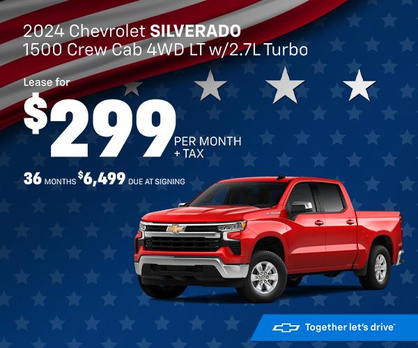 2024 Chevrolet SILVERADO 1500 Crew Cab 4WD LT w/2.7L Turbo Lease for $299 MONTHS IS $6,499 DUE AT SIGNING 36 PER MONTH + TAX