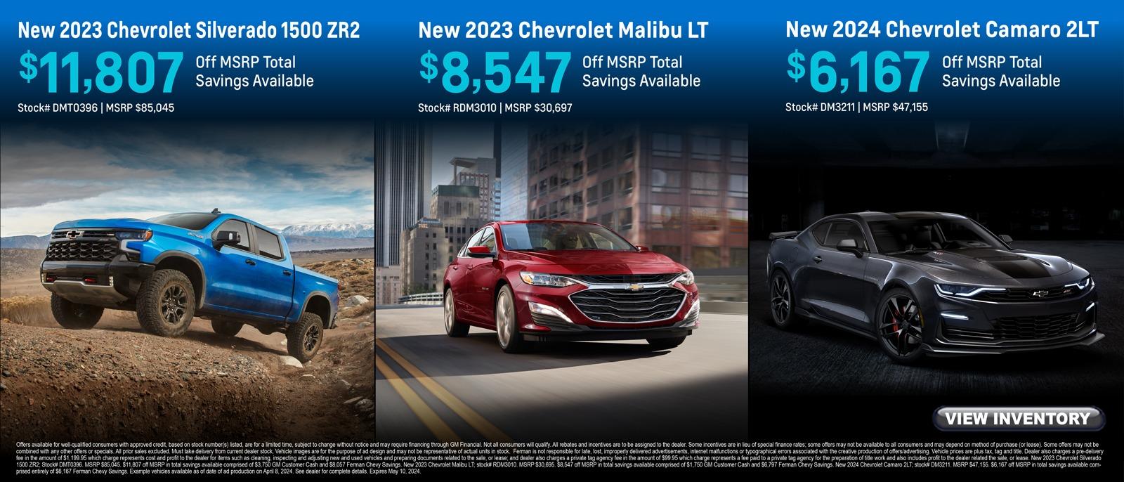 April Savings on New 2023 Chevrolet Silverado 1500, 2024 Chevrolet Camaro and 2023 Chevrolet Malibu