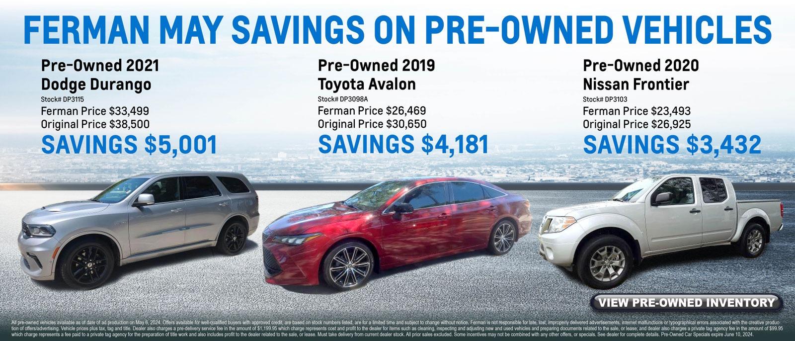 May Savings on Pre-Owned 2021 Dodge Durango, 2019 Toyota Avalon and 2020 Nissan Frontier