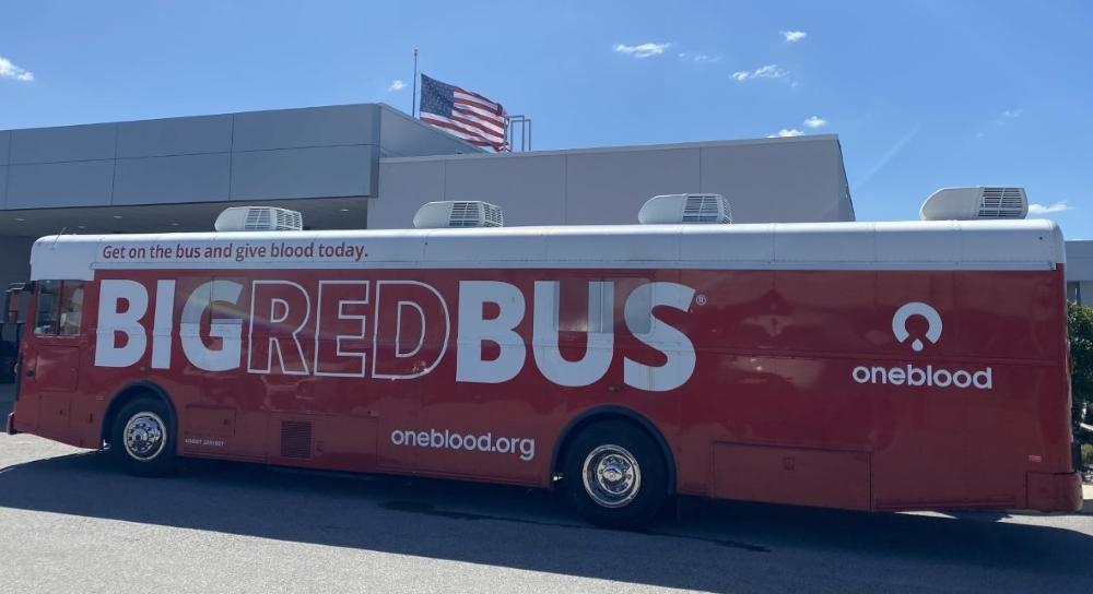 Big Red Bus. Get on the bus and give blood today. oneblood.org